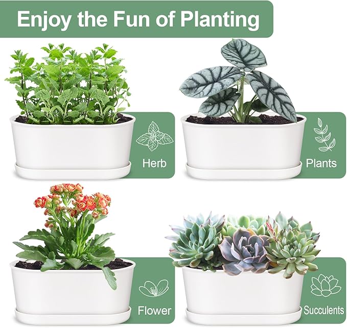 Oliz Set of 4 White Oval Window Sill Planters with Drainage Holes and Trays（7 Inch） for Herbs Basil Orchids Succulents, Modern Herb Garden Planter for Indoor/Outdoor Plants