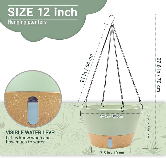 ZMTECH 2 Pack 12 Inch Hanging Planters for Indoor Plants, Large Green Self Watering Hanging Planter with Visible Water Level & Removable Tray, Decorative Flower Pots for Outdoor Garden