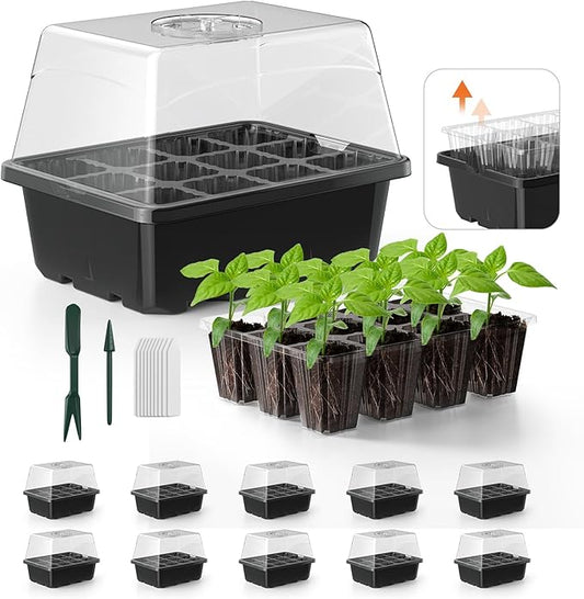 Seed Starter Tray, 10PCS Seed Starter Kit, Seedling Starter Trays with Heightened Lids for Seed Staring, Indoor Gardening Plant Germination Trays (12 Cells per Tray) Black