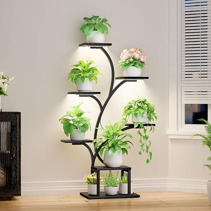 BACEKOLL Plant Stand Indoor with Grow Lights, 7 Tiered Indoor Plant Shelf, 49" Corner Plant Stands for Indoor Plants, Metal Plant Flower Display Shelf, Tree-Shaped Plant Rack for Home, Black
