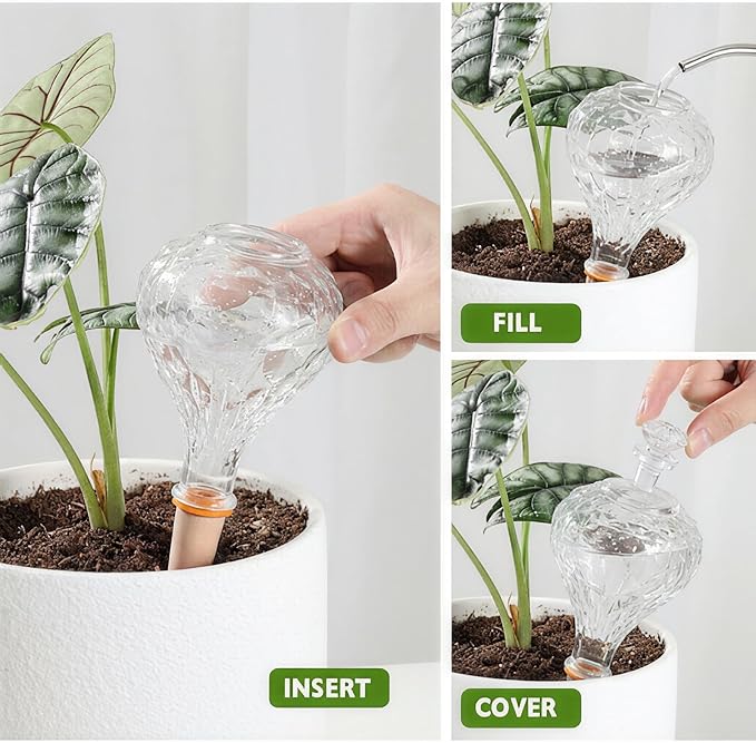 12 oz Plant Watering Globes, Clear Glass Self Watering Bulbs Top Fill with Terracotta Spikes Stake, Self Watering Planter Insert Vacation Automatic Plant Waterer Device for Indoor & Outdoor