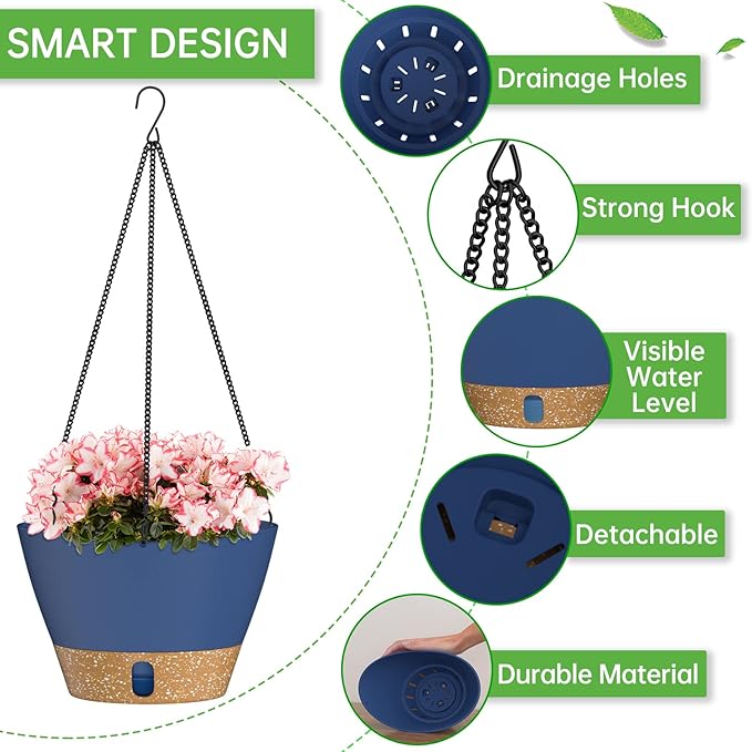 ZMTECH 2 Pack 8 Inch Hanging Planters for Indoor Plants, Modern Blue Hanging Planter with Visible Water Level Window & Removable Tray, Decorative Plant Hanger Indoor for Home Decor