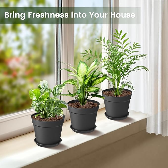 SwinDuck 20 Pack 6 Inch Plant Pots with Drainage and Saucers, Black Plastic Flower Pots for Indoor and Outdoor Plants, Stackable Nursery Planters for Houseplants and Herbs, Black