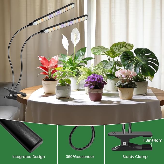 Kullinss Black Grow Light, 2-Head Plant Lights for Indoor Growing with 6/12/16H Timer, 3 Color Modes, 5 Dimmable Levels, 114 LEDs Full Spectrum Clamp Grow Lamp for Indoor Plants, Herbs, Seedlings
