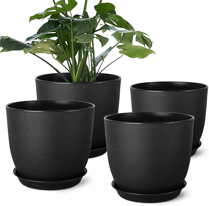 Ferlypote Plant Pots 8 Inch Set of 4, Flower Pots with Multi Mesh Drainage Holes, Planters for Indoor Outdoor Garden Plants and Flowers (Black)