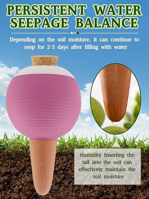 Plant Watering Globes Set of 4, Large Terracotta Automatic Watering Stake Devices with Wooden Stopper for Pots, Planters, Indoor, Outdoor
