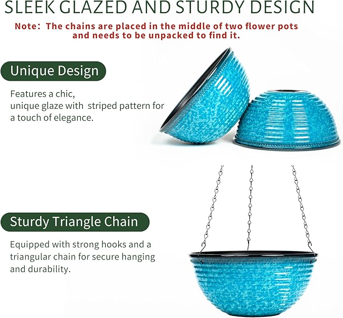 Vanslogreen 2 Pack Hanging Planters for Indoor Outdoor Plants, 10 Inch Hanging Planter with Drainage Hole & Plug Glazed Hanging Baskets Flower Pots for Garden Home (Snowflake Blue)