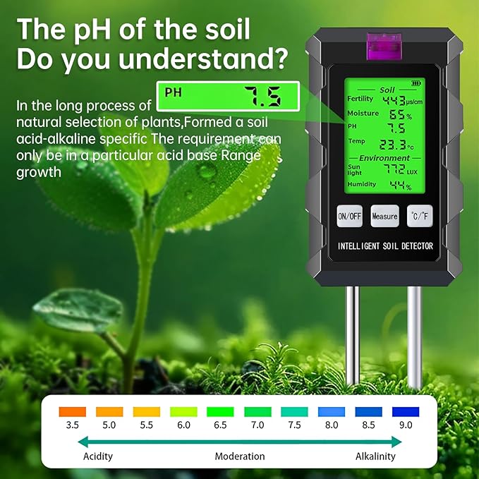 2026 Dual Probe Soil Tester, 6-in-1 Moisture Meter, Moisture/pH/Temperature/Sunlight/Air Humidity/Fertility, Perfect for Farming, Gardening, Lawns, Outdoor (2*AAA Battery Needed) -NEW Patent