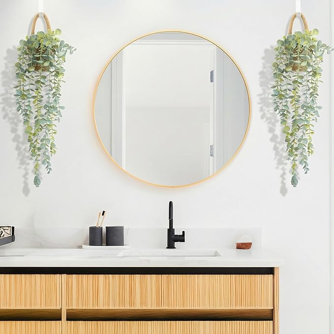 Fake Hanging Plant Decor Indoor, Eucalyptus Artificial Faux Plants in Wall Woven Planters, Jute Hanger with Black Pot Soft Green 2PCS 23Inch Long