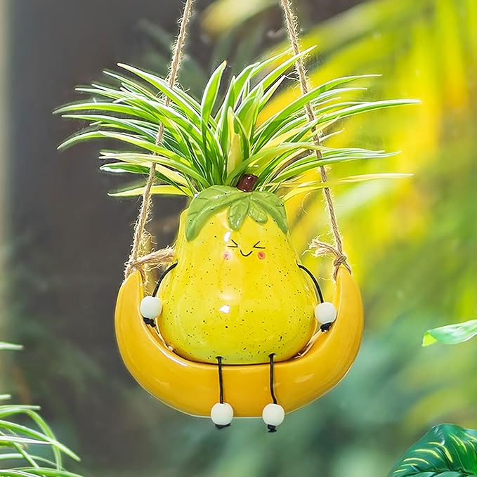 Cute Hanging Planter Pot for Indoor - Swing Smiley Planter for Outdoor Plants - Ceramic Succulent Plant Pot with Face