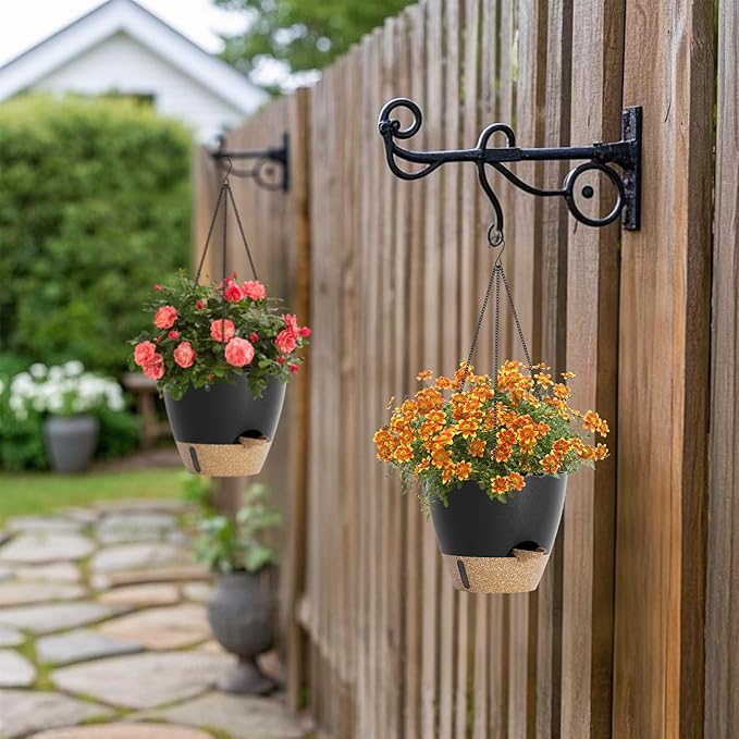 LEWESU Set of 2 Hanging Planters for Indoor Plants with Self Watering Includes Hanging Pots and 2 Types Plant Hangers, Outdoor Hanging Baskets Holder for Home Garden, 10 Inch Midnight Black
