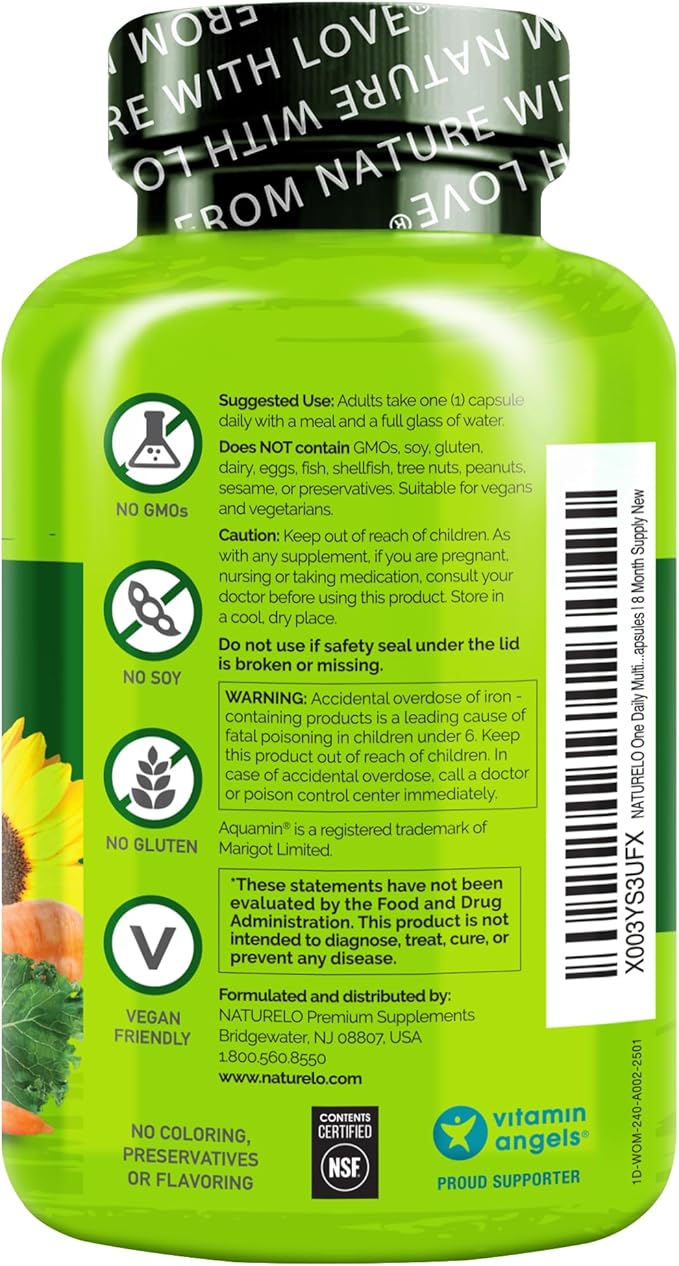NATURELO One Daily Multivitamin for Women w/Vitamin B12, 240 Ct, Energy Support, Whole Food Daily Women Multivitamin Supplement, Nourish Hair/Skin/Nail, Non-GMO, No Soy, Gluten Free, 8 Month Supply