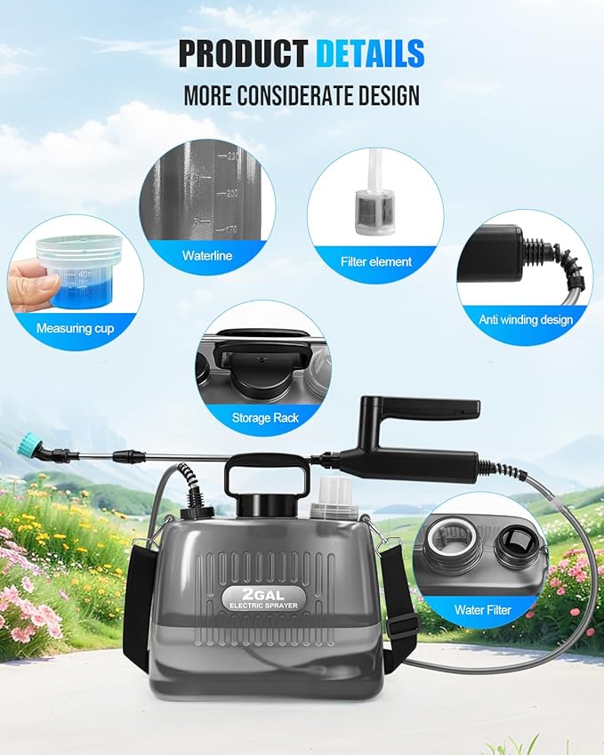 Battery Powered Sprayer 2 Gallon, Electric Weed Sprayer with 3 Adjustable Pressure Levels, 4 Nozzles & Extendable Wand, Rechargeable Garden Sprayer for Yard, Lawn, Plants & Fertilizer