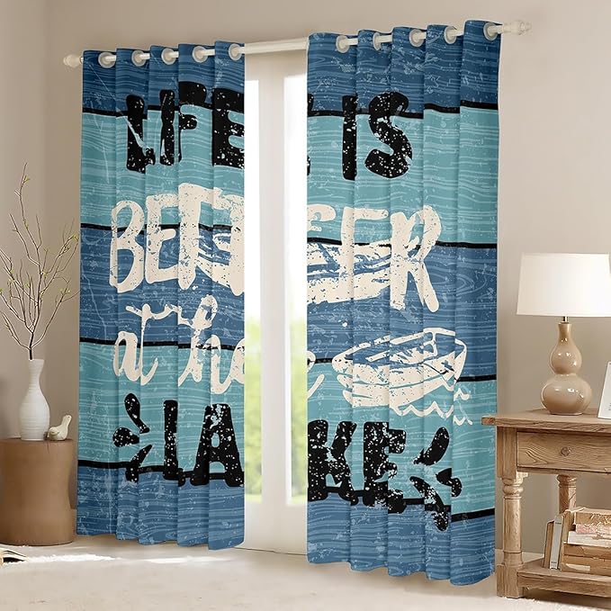 Feelyou Blue Lake House Window Treatments Camping House Window Drapes for Kids Boys Girls Farmhouse Wooden Stripes Curtains Soft Blackout Curtain 52W X 84L,2 Panels