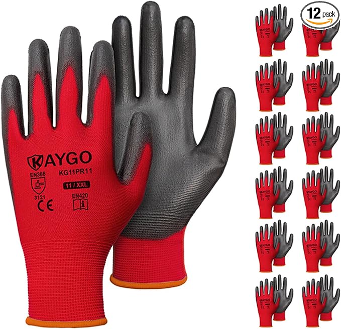 KAYGO Work Gloves for Men and Women, 12 Pairs Seamless Knit PU Coated Safety Gloves, with Smooth Grip on Palm and Fingers, Ideal for Light Warehouse, Manufacturing, Gardening, KG11P (2XL, Red)