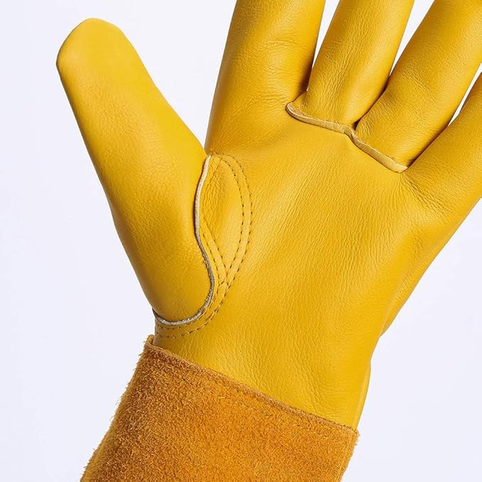 Acdyion Thorn Proof Gardening Gloves for Men & Women, Long Cowhide Leather Rose Pruning Gloves with Forearm Protection, Puncture Resistant Gauntlets for Cacti, Blackberries & Yard Work(yellow,X-small)