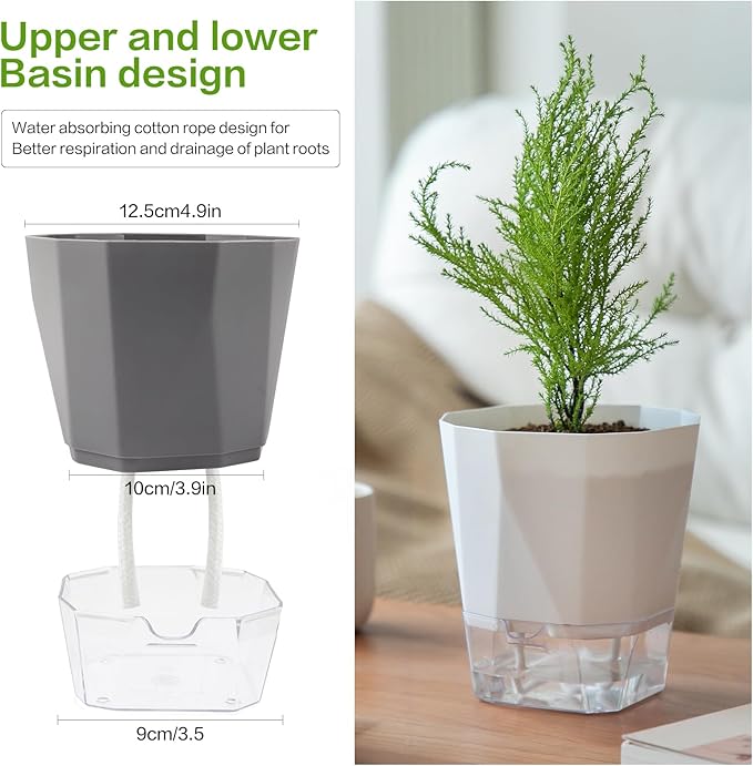6-Pack Self Watering Planter Pots, 5 Inch Plastic Planters with Drainage Holes, Cotton Rope and Trays, Decorative Flower Pots for Indoor Outdoor Garden Plants (Multicolor)
