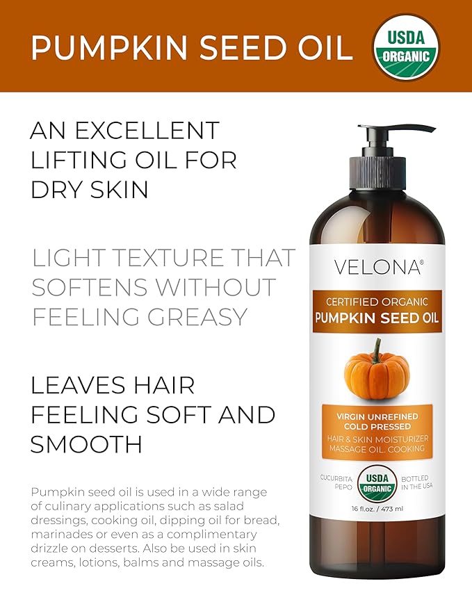 velona Pumpkin Seed Oil USDA Certified Organic - 32 fl oz | 100% Pure and Natural Carrier Oil | Unrefined, Cold Pressed | Cooking, Face, Hair, Body & Skin Care | Use Today - Enjoy Result