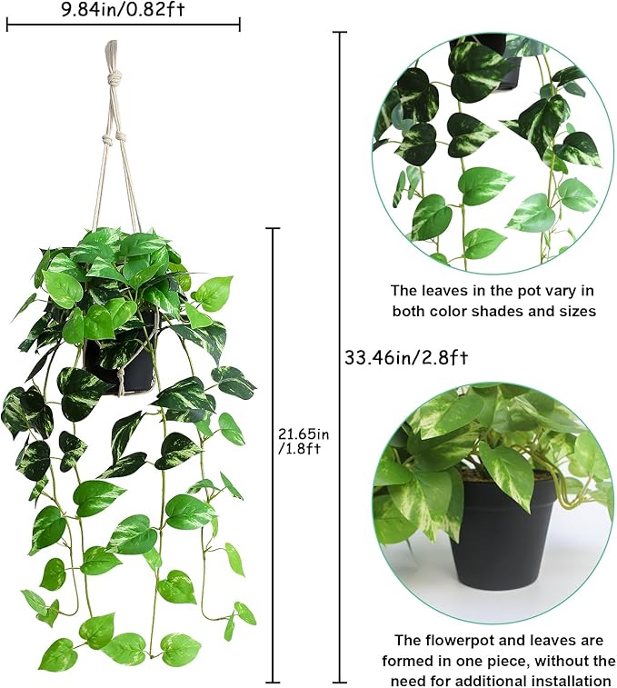 alyptus Fake Pothos Hanging Plants - Artificial Hanging Plant with Pot Realistic Faux Pothos Vines for Indoor Décor, Lush Greenery for Balcony Patio Office, Bathroom - Golden Green