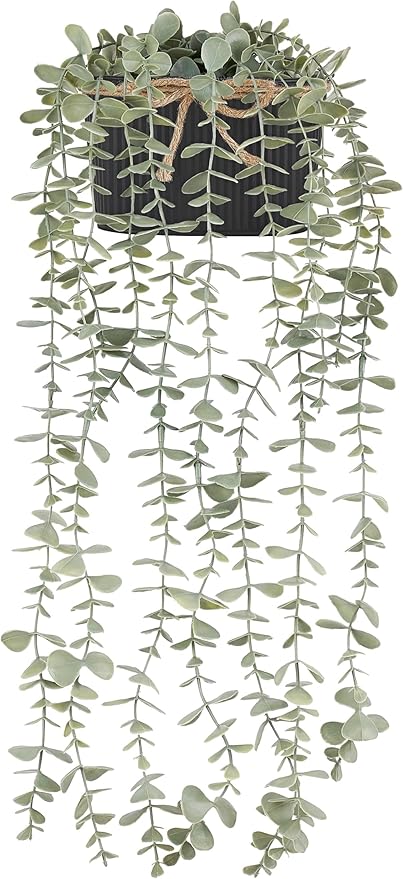 Mkono Fake Hanging Plants in Farmhouse Galvanized Pots Rustic Faux Potted Eucalyptus Greenery Indoor Artificial Plants for Book Shelf Mantel Living Room Bathroom Bedroom Home Office Decor (1, Black)