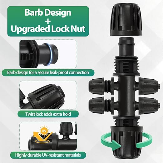RedChili 12 Pcs 1/2" to 1/4" Drip Irrigation Fittings, Dripline 1/2 Inch (1/2" ID x0.6-0.65" OD) to 1/4 Inch Reducing Tee Adapter Drip Tubing Barbed Lock Nuts 1/2" to 1/4" Irrigation 6 Way Connectors