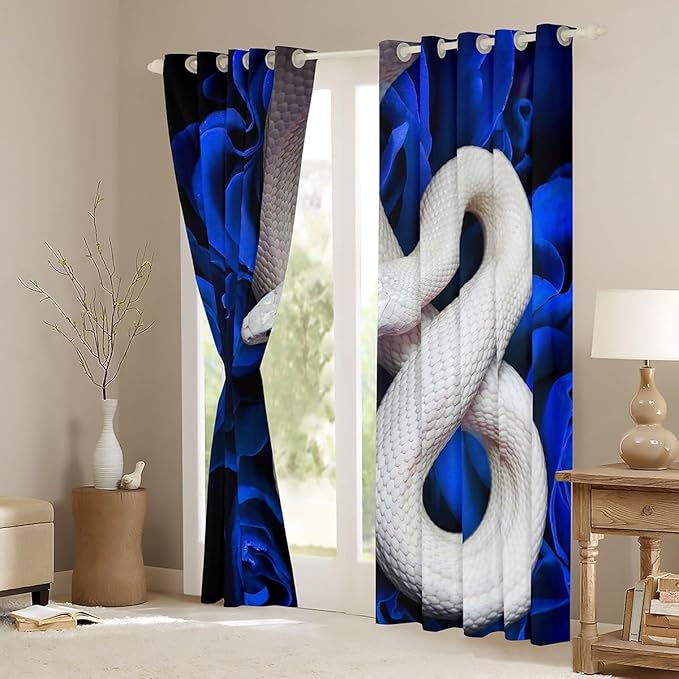 3D White Snake Blackout Curtains,African Jungle Animals Curtains & Drapes,Blue Rose Flowers Window Treatments,S-Shaped Reptile Little Dragon Window Curtains Tropical Wildlife Decor 2 Panels 38"Wx45"L