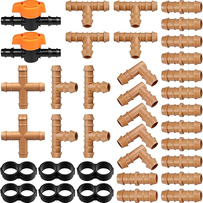 Drip Irrigation Fittings Kit for 1/2" Tubing, 37 Pieces 1/2 Inch Drip Line Connectors for Drip Sprinkler Systems - 14 Couplings, 8 Tees, 6 End Caps, 5 Elbows, 2 cross connectors and 2 drip valves