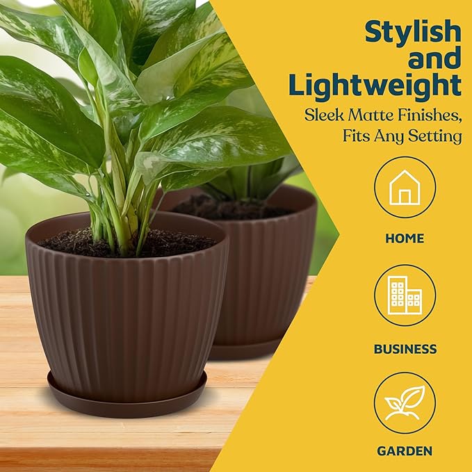Brown 6-Inch Plant Pots with Drainage & Saucers 24 Pack, Indoor & Outdoor Planters for Houseplants, Herbs, and Flowers, Durable & Weatherproof Material, Stackable, Lightweight, Minimalist Design
