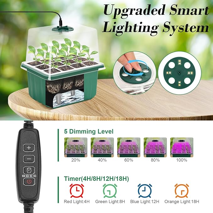 Mckanti 4 Set Self-Watering Seed Starter Tray Kits with Grow Light, Reusable Seed Germination Kit with Adjustable Humidity Domes and Silicone Cell Base Tray for Indoor Plant Seed Germination