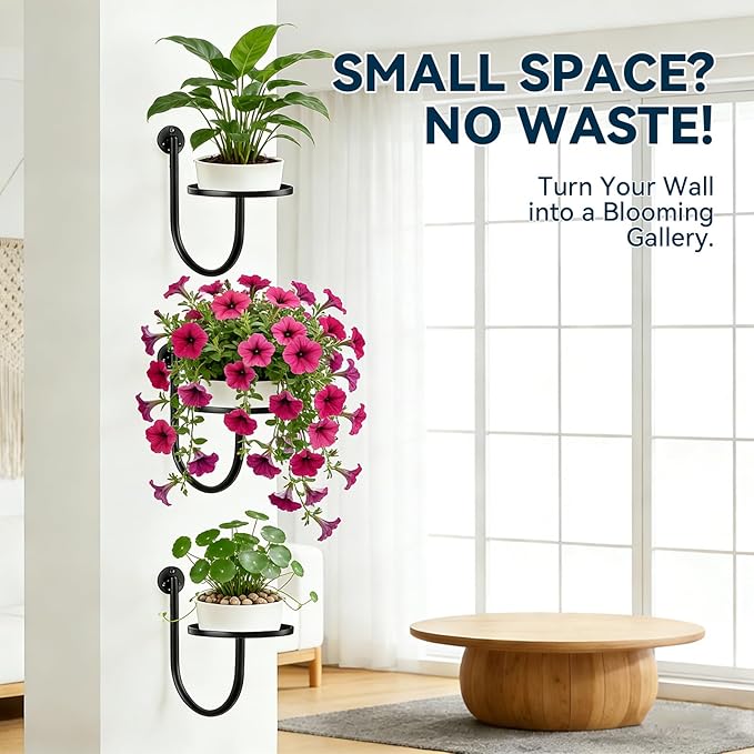 Wall Planters for Indoor Plants, 3 Pack Wall Mounted Plant Holder, Metal Plant Floating Decor Shelves, Space Saving, for Bedroom, Living Room, Kitchen, Office, Bathroom Decor