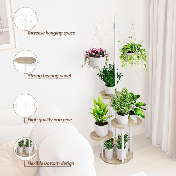 INGIORDAR Plant Stand Indoor Outdoor Corner Flower Stands Multiple Flower Pot Holder for Patio Garden Balcony Living Room 5 Tier with hook White+Sonoma Oak