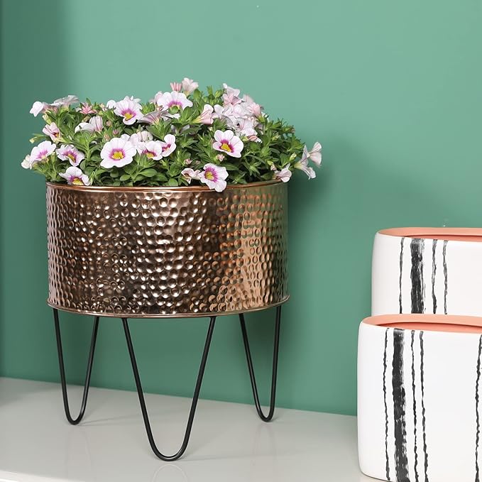 MyGift Modern Hammered Copper Tone Planter Pot, 8 and 10 Inch Metal Round Plant Container with Matte Black Wire Stand, Set of 2 - Handcrafted in India