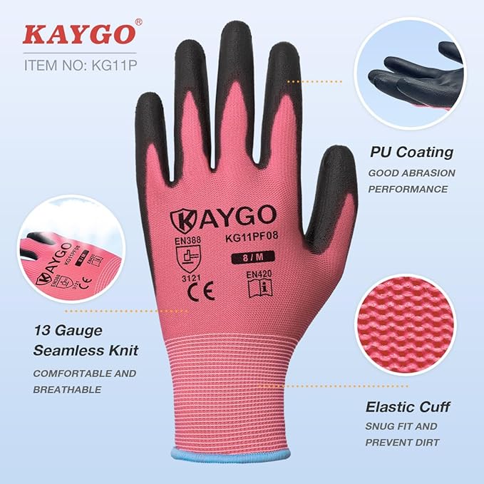 KAYGO Work Gloves for Men and Women,12 Pairs Seamless Knit PU Coated Safety Gloves, with Smooth Grip on Palm and Fingers, Ideal for Light Warehouse, Manufacturing, Gardening, KG11P (XS,Pink)