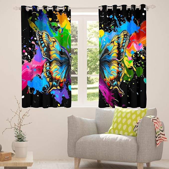 Watercolor Butterfly Blackout Curtains,Rainbow Tie Dye Curtains & Drapes,Moth Rustic Animal Window Curtains 2 Panels 52"Wx63"L,3D Wild Animals Window Treatments Blue Teal Green Yellow Red Black