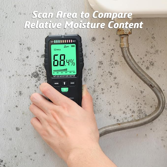Pinless Moisture Meter for Wood Concrete – Digital Moisture Tester with 3-Color LCD Display, Audible Alarm & HOLD Function – Ideal for Firewood, Lumber, Home Inspections (Green)