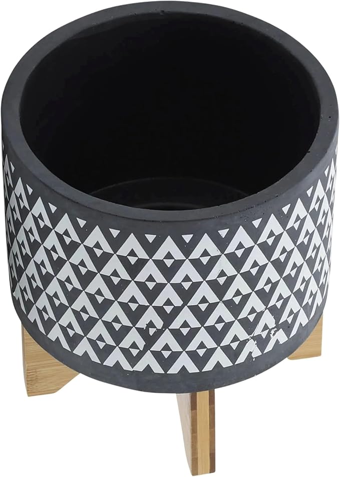 DTY Ceramic Planter Wooden Stand Minimalist Gray Indoor Tabletop Planter - Default