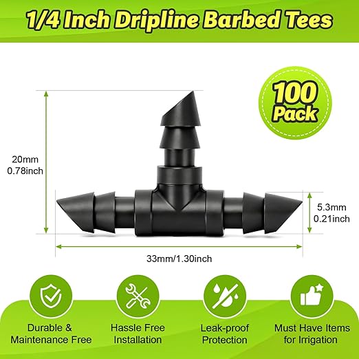 100 Pack 1/4" Drip Irrigation Tee Fittings：1/4'' Drip Line Double Barbed Tee Connectors for 1/4 Inch Irrigation Tubing Quarter Inch 3-Way T Connector for Irrigation System