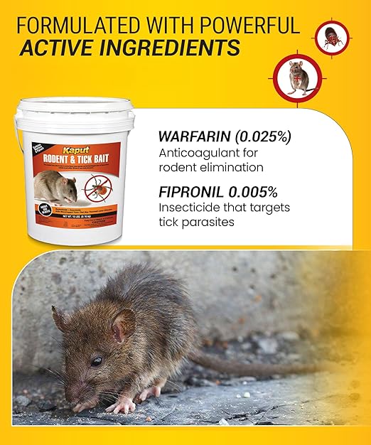 Kaput Rodent & Tick Bait Blocks, Powerful Warfarin & Fipronil Rat Bait Blocks for Rat Control and Their Blacklegged Ticks - Epa Approved Rodent Killer for Long-Lasting Protection (18 lbs)