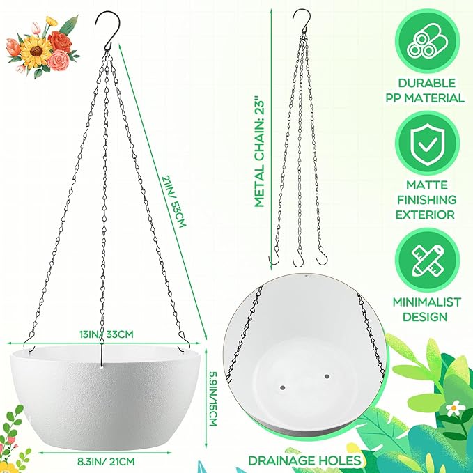 Maxcheck 4 Pack 13 Inch Large Hanging Planters Indoor Outdoor Flower Pots, Plant Containers with Drainage Hole Round Hanging Plant Pot for Home Garden Porch Balcony Patio Decor (White)
