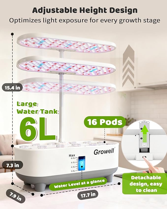 Growell Hydroponics Growing System Kit, 16 Pods, Vertical 8L Indoor Gardening System for Herb Vegetable Fruit, Hydro Garden with LED Grow Light, Smart Water Circulation, 3 Light Modes & 2 Timer, White