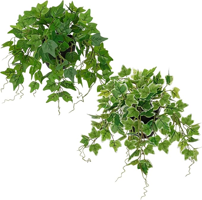 Hollyone Artificial English Ivy Hanging Plants 2pcs Faux Ivy Vines with Black Pot Small Fake Potted Greenery Plant for Indoor Home Aesthetic Living Room Bathroom Desk Shelf Office Decor