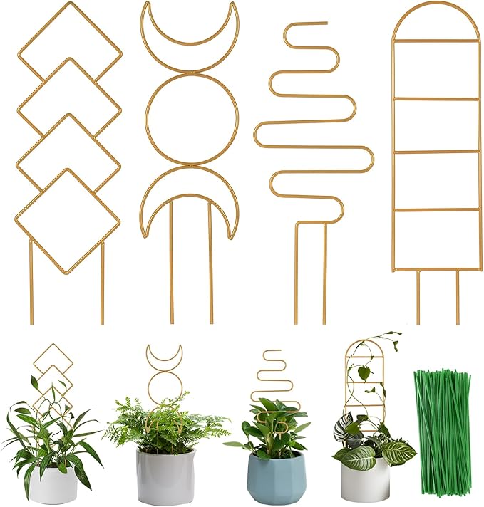 Wellsign Indoor Plant Trellis for Potted Plants, 16inch Gold Small Trellis for Climbing Plants Outdoor Garden Metal Trellis with Different Patterns for Vine Ivy Flower Plant Support 4 Pack