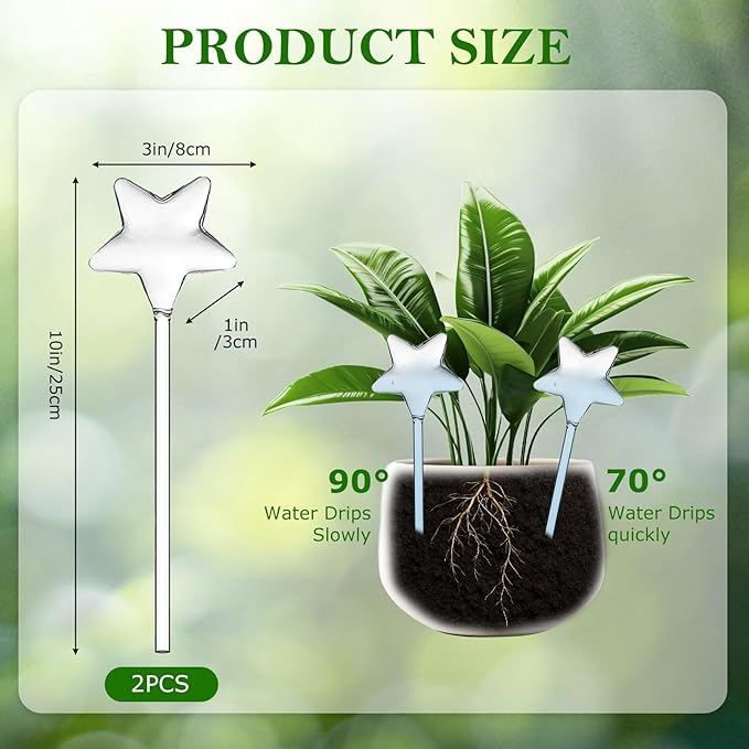 2-Pack Star-Shaped Glass Self-Watering Globes for Indoor Outdoor Plants – Automatic Irrigation Decorative Watering Bulbs for Garden Flower Pots, Patio, Home Decor (Star)