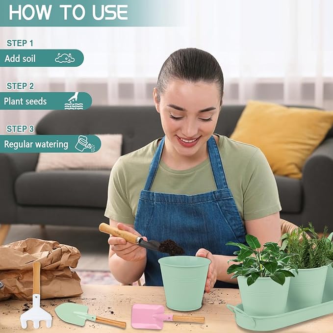 Indoor Herb Garden Set of 3 with Tray and 3 Types of Gardening Tools, Metal Plant Pots Herb Garden Planter Kit with Drainage for Plants (Green)