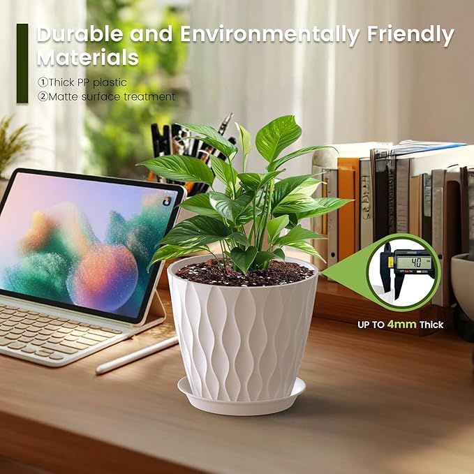 Meowell 7 inch Plant Pots for Indoor Outdoor Plants, 5 Pack Thick Nursery Pots with Drainage Holes and Saucers, 3D Modern Wave Texture Plastic Planter Pots for Flowers and House Plants, Multicolor