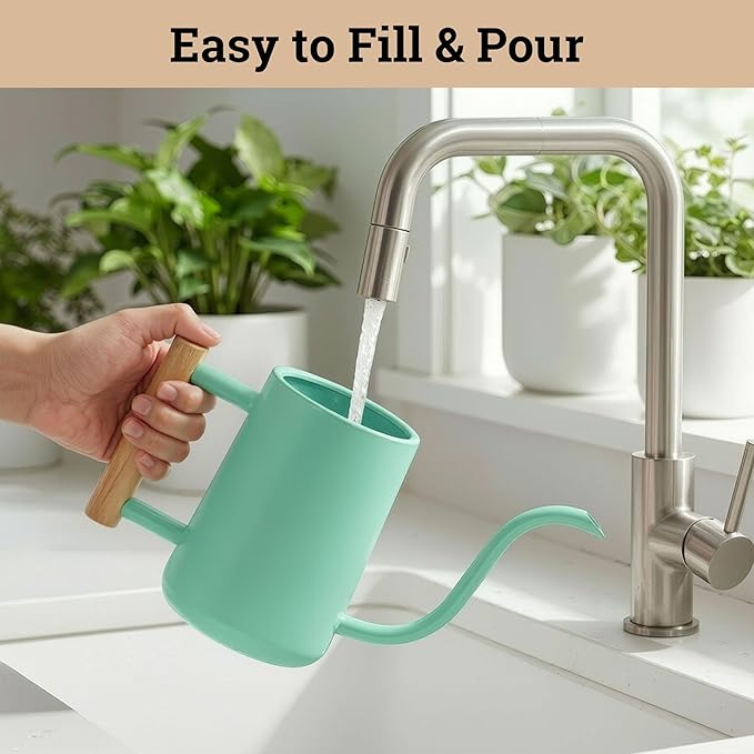 35 oz Metal Small Indoor Watering Can with Long Spout & Real Wood Handle for House Plants, Succulents, Cacti & Seedlings - Green Long Spout Watering Can Indoor Plants - Stylish, Gentle Flow, No Spills
