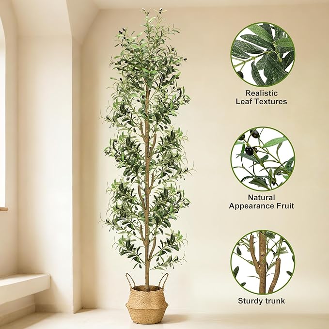TNELTUEB Artificial Olive Tree 7FT-Large Faux Olive Trees Indoor with White Planter & Basket and Lights, Tall Fake Olive Plants Silk Tree with Branches and Fruits for Christmas Home Decor Office