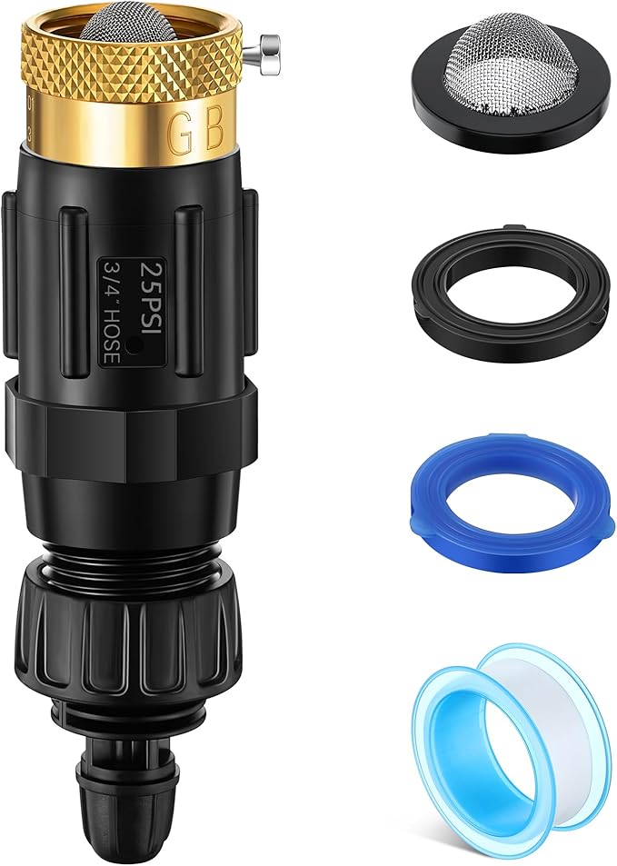 Drip Irrigation Faucet Adapter 25 PSI, 1/4" Tubing Quick Connect to 3/4" Garden Hose with Backflow Preventer, Filter, Plumbers Tape, Pressure Regulator, Copper Drip Irrigation System Fittings