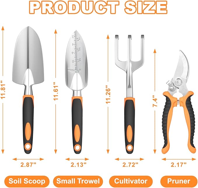 Garden Tool Set, 4Pcs Aluminum Heavy Duty Gardening Tool Set, Include Shovel, Transplant Trowel, Hand Cultivator and Shear with Rubberiz NonSlip Ergonomic Handle, Gardening Kit for Women Men