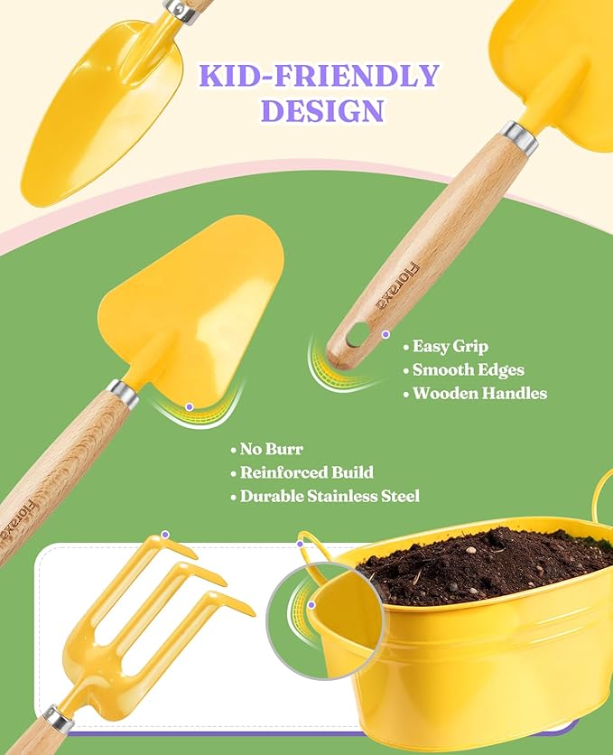 8Pcs Kids Gardening Set with Metal Basket & Real Metal Tools, STEM Outdoor Kit, Ergonomic Wooden Handles, 3 Shovels, Rake, Watering Can, Gloves, Tote Bag, Gift for Toddler Boys Girls, Yellow